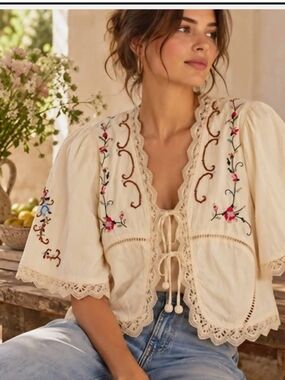 JENNIFER GRACE TIE FRONT EMBROIDERED COTTON TOP 2X